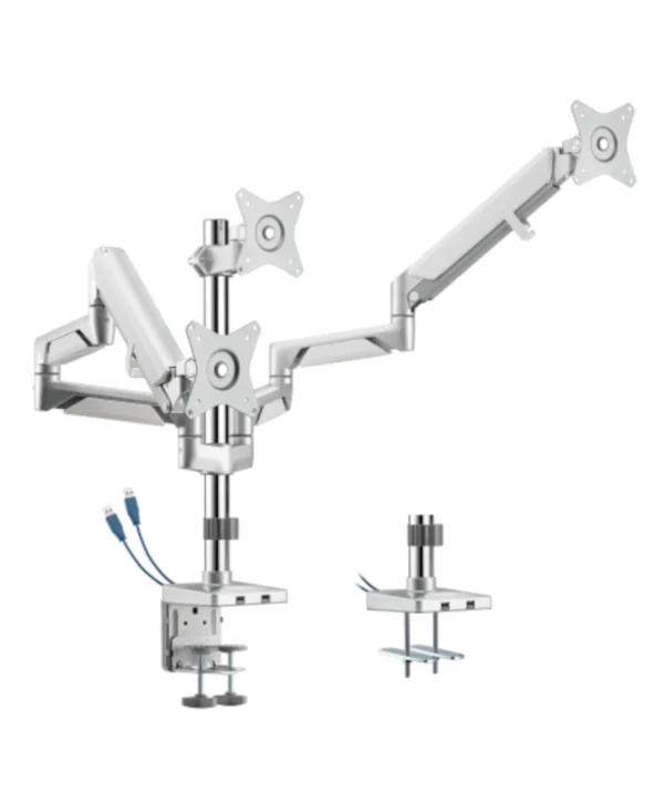 Uchwyt gazowy na 3 monitory, srebrny z dwoma portami USB, standard VESA, monitory 17"-27", HDWR SolidHand-BG03SU