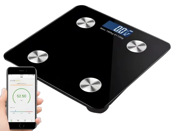 Waga łazienkowa z pomiarem tkanki tłuszczowej BMI Bluetooth do 180 kg szklana kg, lb wagPRO-B5