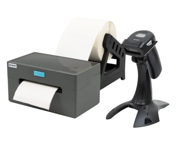 Zestaw drukarka etykiet OPrint-XA200, dyspenser na etykiety OPrint-LSB, skaner kodów QR HD2600A i etykiety termiczne samoprzylepne ETK-100x150-500