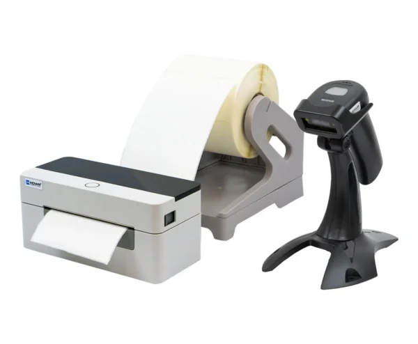 Zestaw drukarka etykiet OPrint-XC200W, stojak na etykiety OPrint-LSW, skaner QR HD2600A i etykiety termiczne ETK-100x150-500